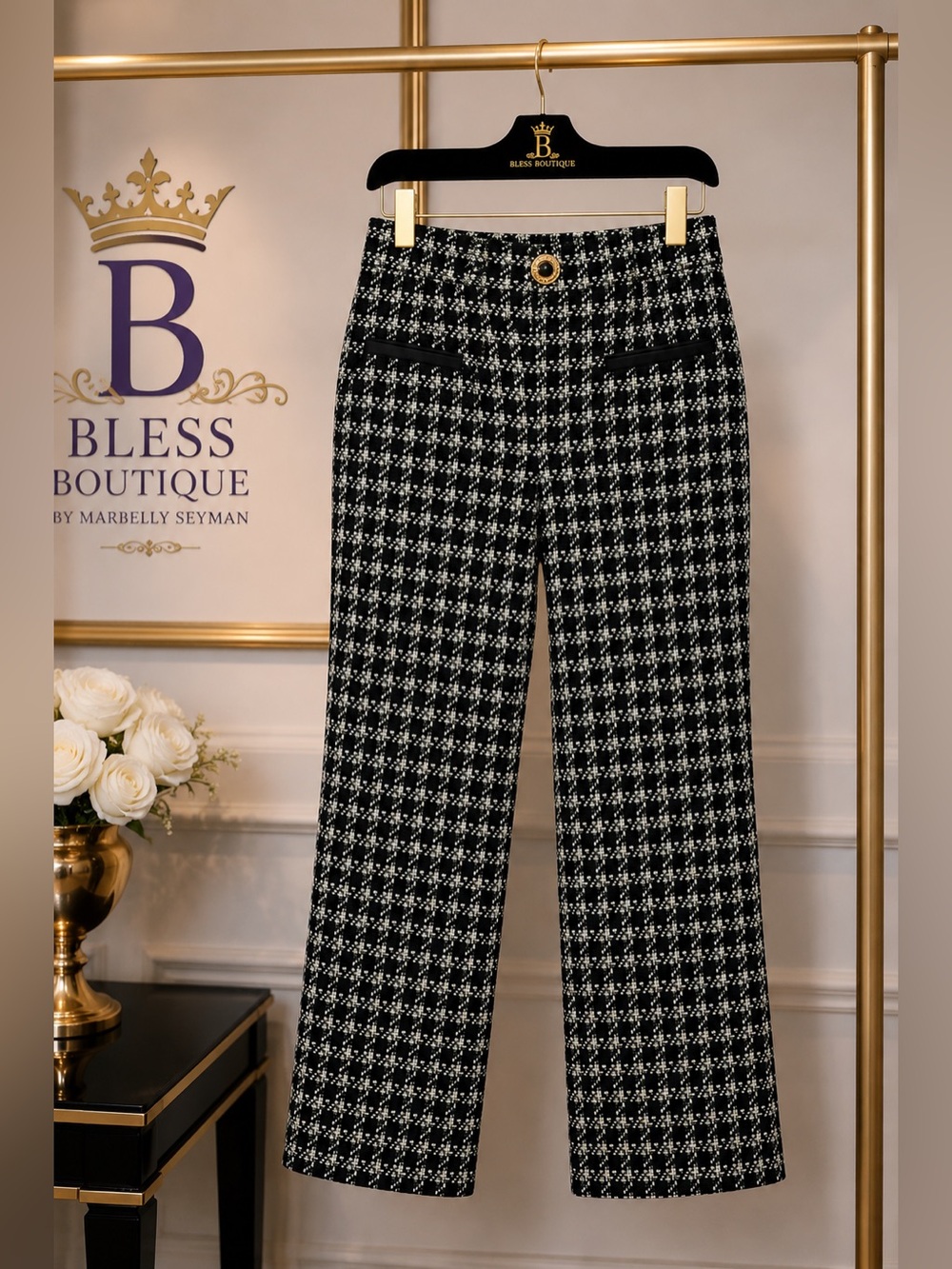 ZARA Tweed Textured Straight Leg Pants Black Cream Green Gold Button Size M
